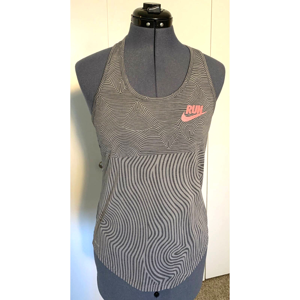 NIKE Womens SIZE S Run Gray Swirly Stripe Racer Tank Top The Nike Dri-Fit EUC